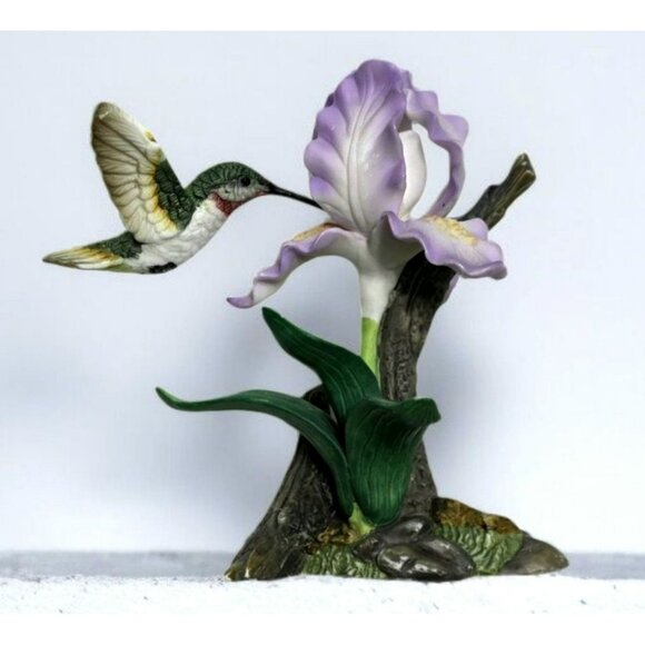 Vintage Hummingbird Purple Iris Figurine Roman Collectible Floral Porcelain READ - Picture 1 of 10